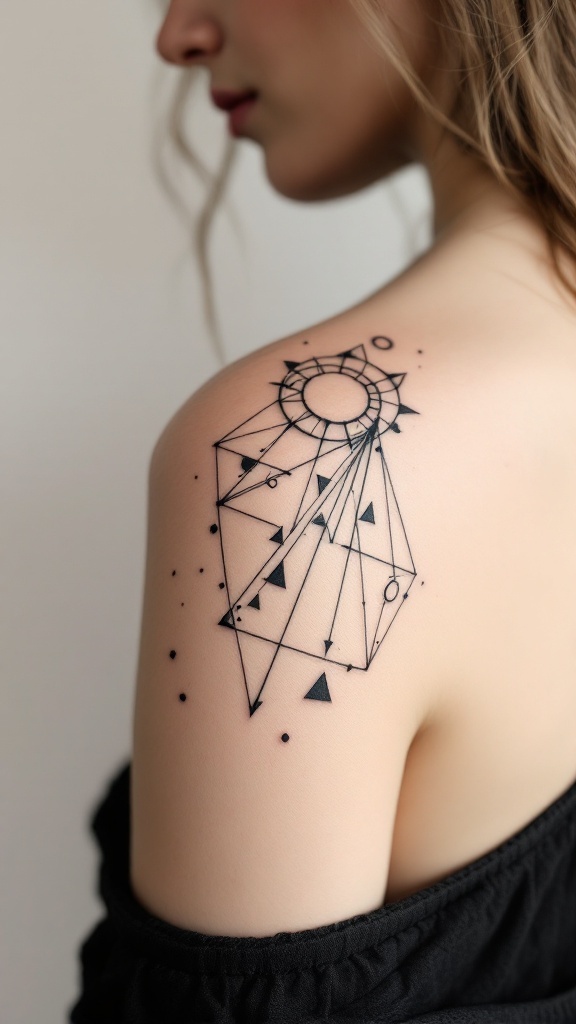 Geometric shoulder tattoo featuring lines, triangles, and circles