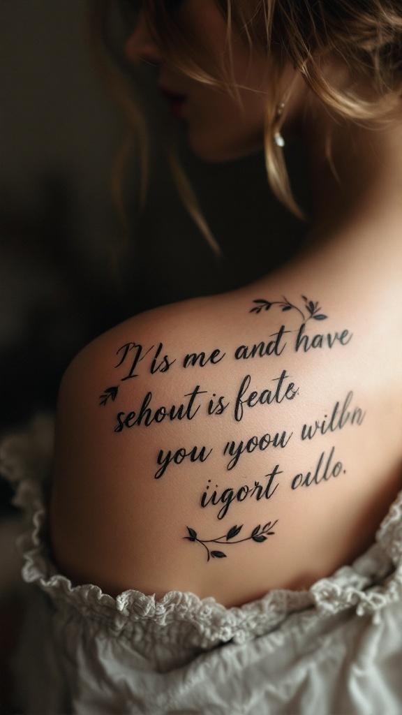 A shoulder tattoo featuring an inspirational quote, accompanied by floral designs.