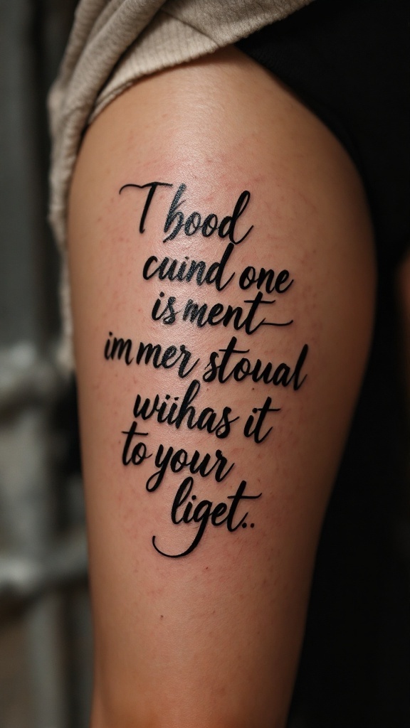 A thigh tattoo featuring an inspirational quote, elegantly designed to promote personal empowerment.