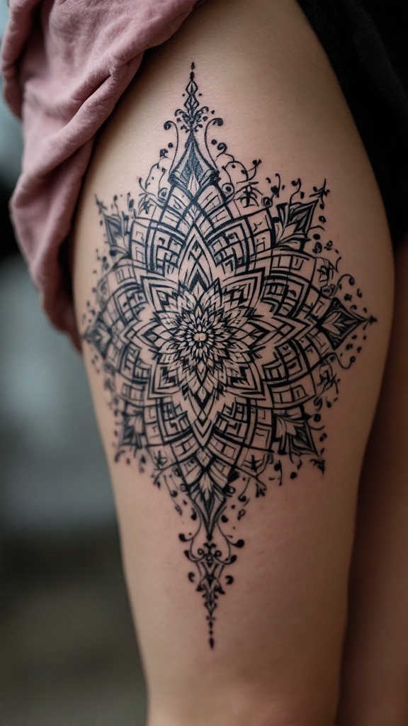 Close-up of a black mandala tattoo on a woman's thigh, featuring intricate patterns and designs.