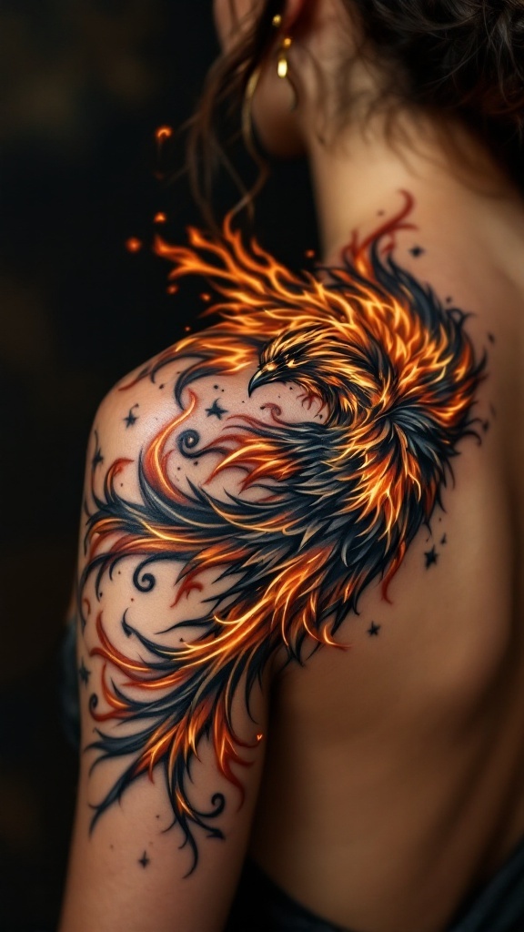 A vibrant phoenix tattoo on a woman's shoulder with intricate flames and details.