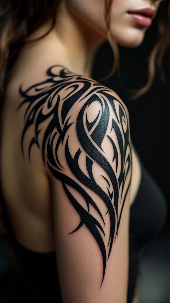 A close-up of a woman's shoulder showcasing a detailed tribal tattoo design.