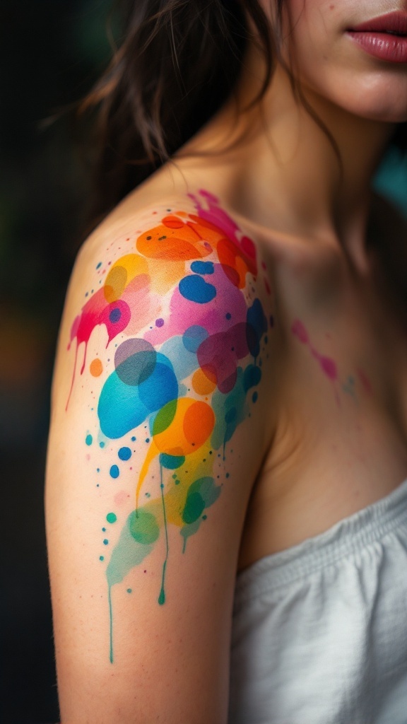 A watercolor shoulder tattoo featuring vibrant colors and abstract shapes.