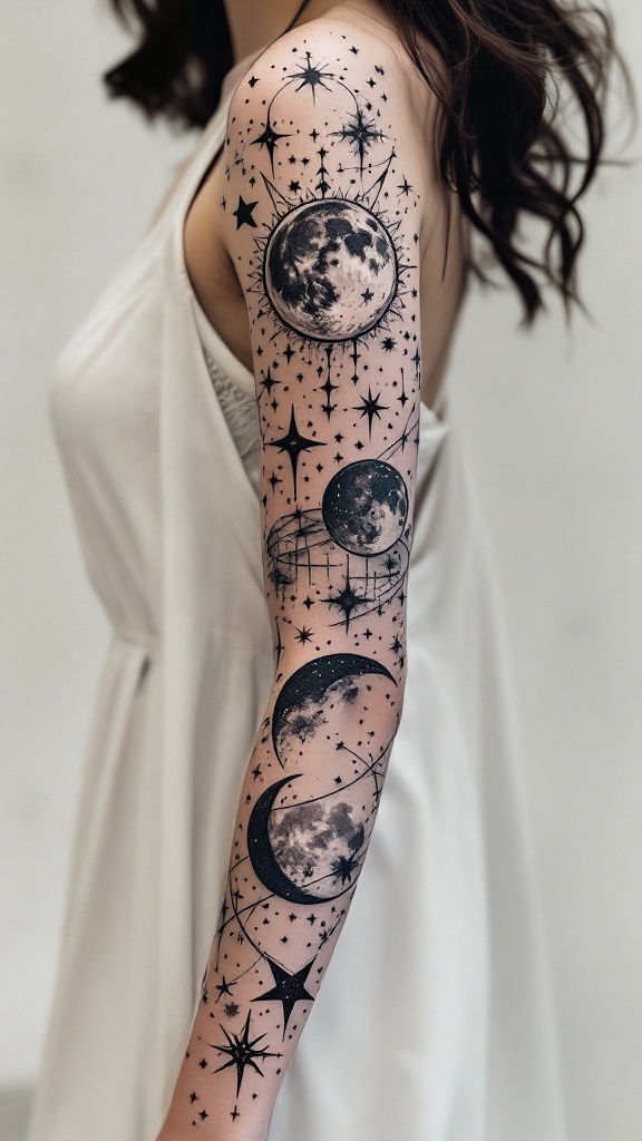 A detailed celestial sleeve tattoo featuring moons and stars.