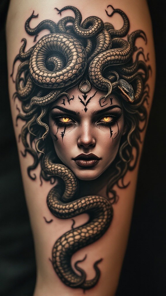 A detailed tattoo of Medusa with snakes for hair and striking golden eyes.