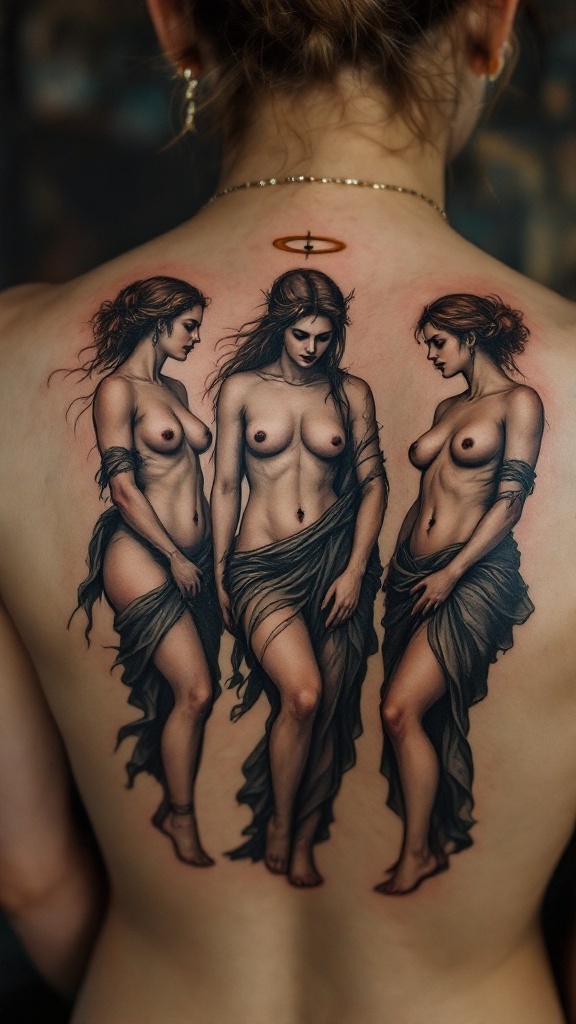 Tattoo of the three Fates from Greek mythology on the back of a person, depicting Clotho, Lachesis, and Atropos in flowing garments.