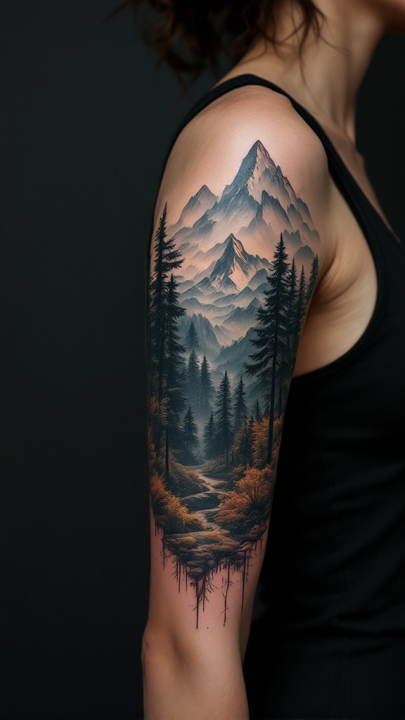 A detailed sleeve tattoo featuring a fantasy landscape with mountains, trees, and a winding path.