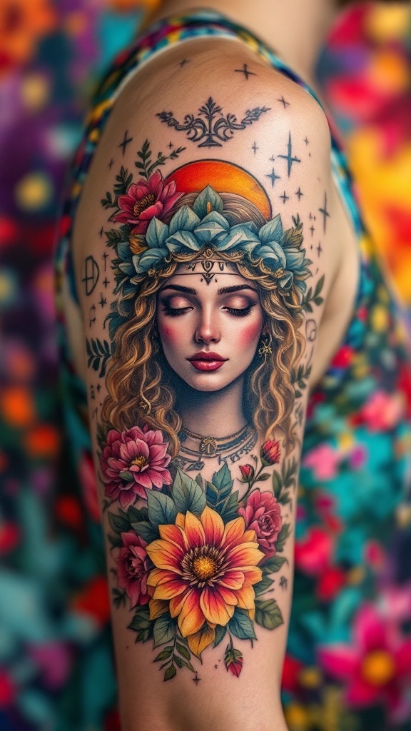 A detailed tattoo of a goddess surrounded by colorful flowers, symbolizing Greek mythology.