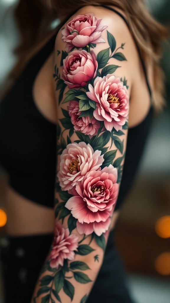 A floral sleeve tattoo featuring pink peonies and green leaves on a woman's arm.