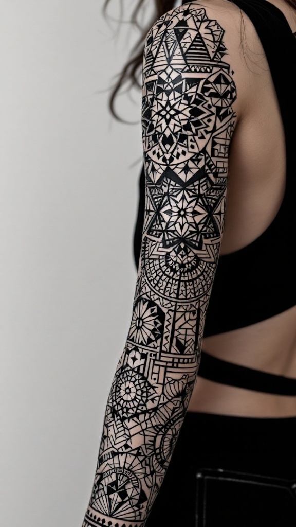 Close-up of a geometric sleeve tattoo featuring intricate black designs on a woman's arm.