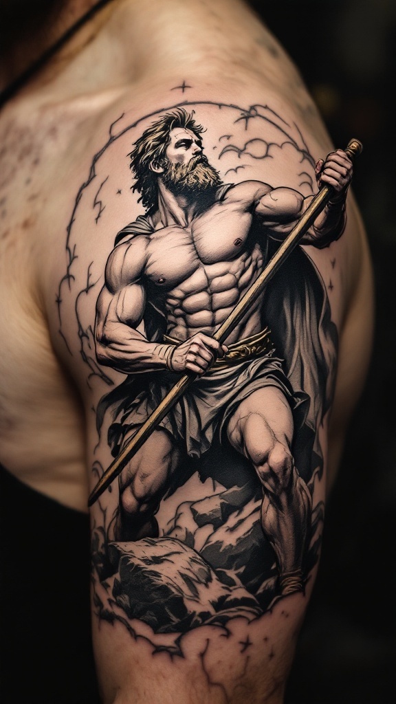 Tattoo of Hercules standing strong with a staff, showcasing his muscular physique and heroic presence.