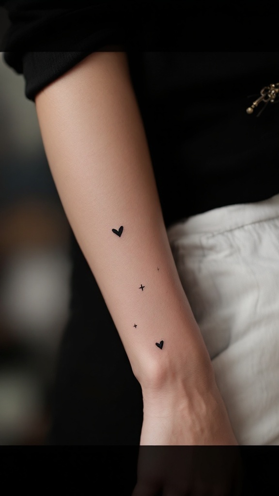 A minimalist sleeve tattoo featuring small hearts and stars on the arm