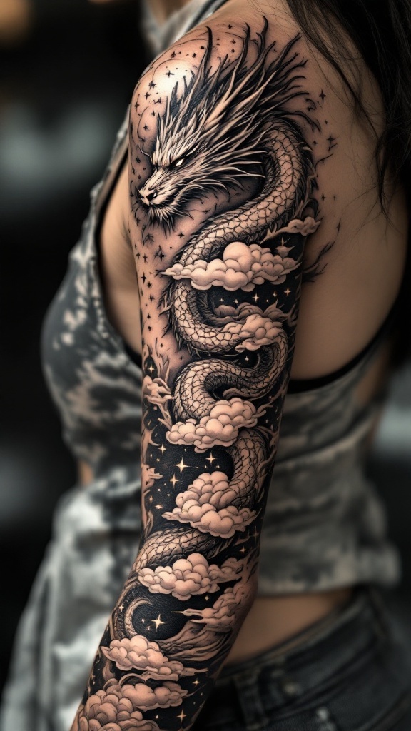 A detailed sleeve tattoo featuring a dragon surrounded by clouds and stars