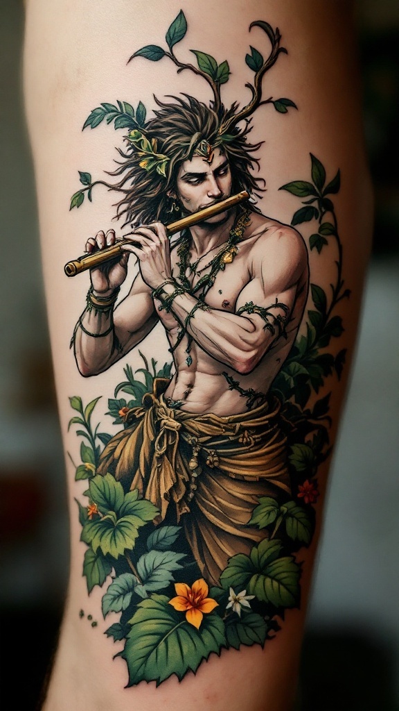 Tattoo of Pan, the Greek god of nature, playing a flute surrounded by lush greenery.