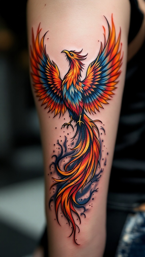 A colorful phoenix tattoo featuring bright red, orange, and blue hues, with a dramatic display of wings and flames.