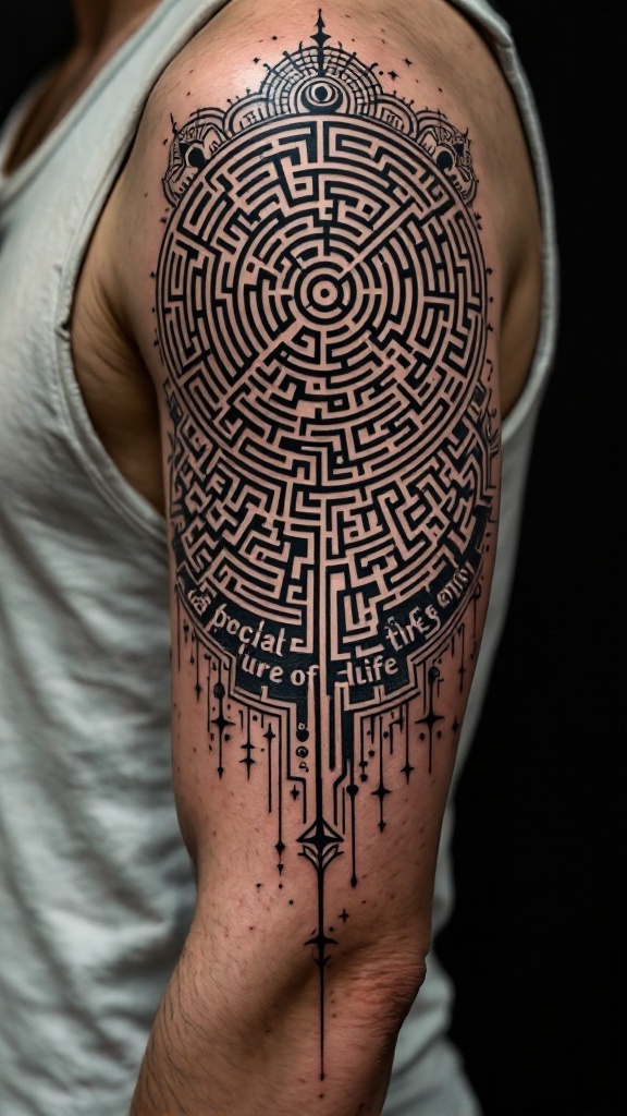 A detailed tattoo of a labyrinth on the upper arm, featuring intricate maze patterns and decorative elements.