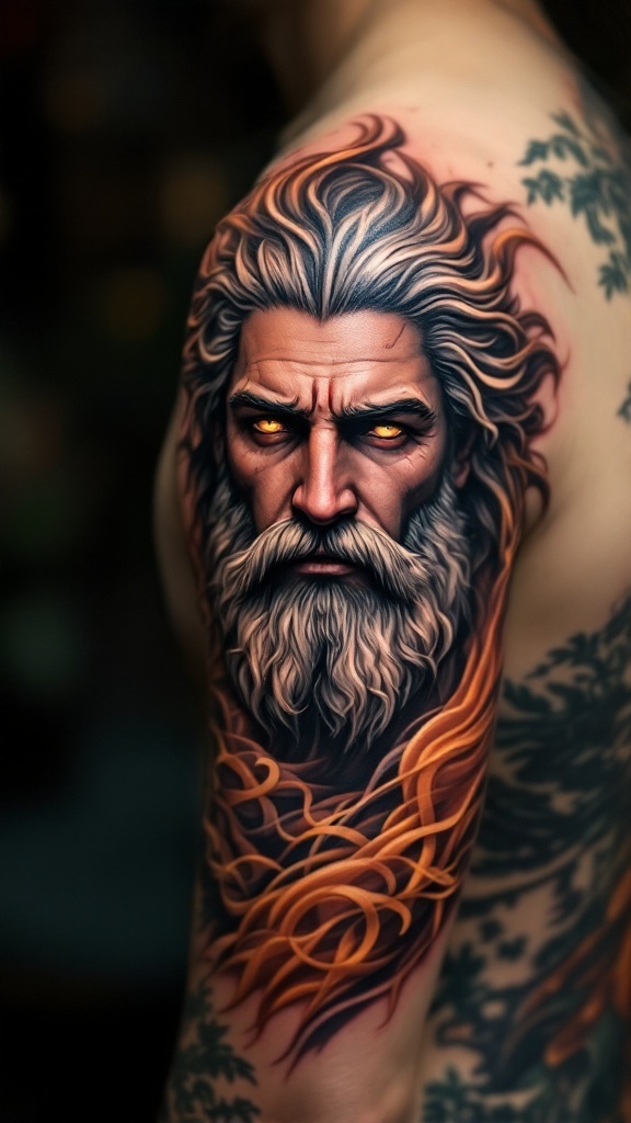 Detailed tattoo of a Greek god with a flowing beard and intense eyes