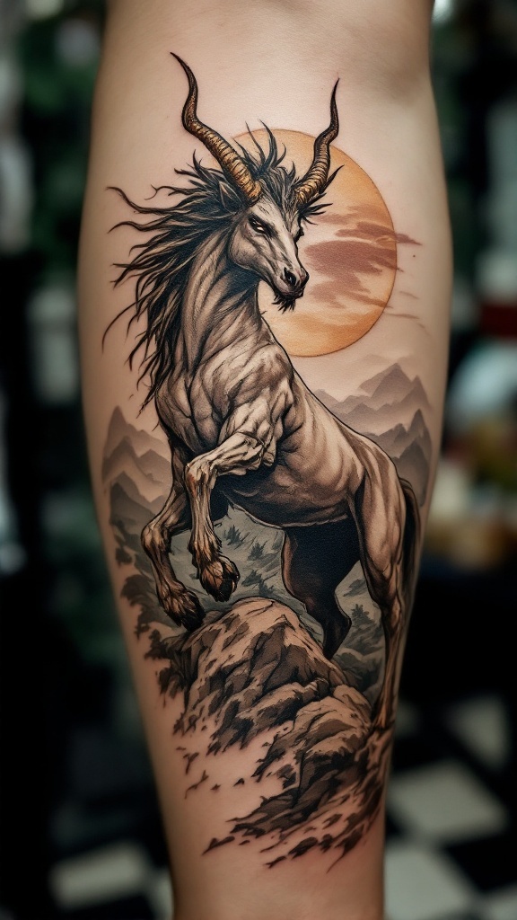 Tattoo of a centaur rearing up against a sunset backdrop, showcasing intricate details and a powerful stance.