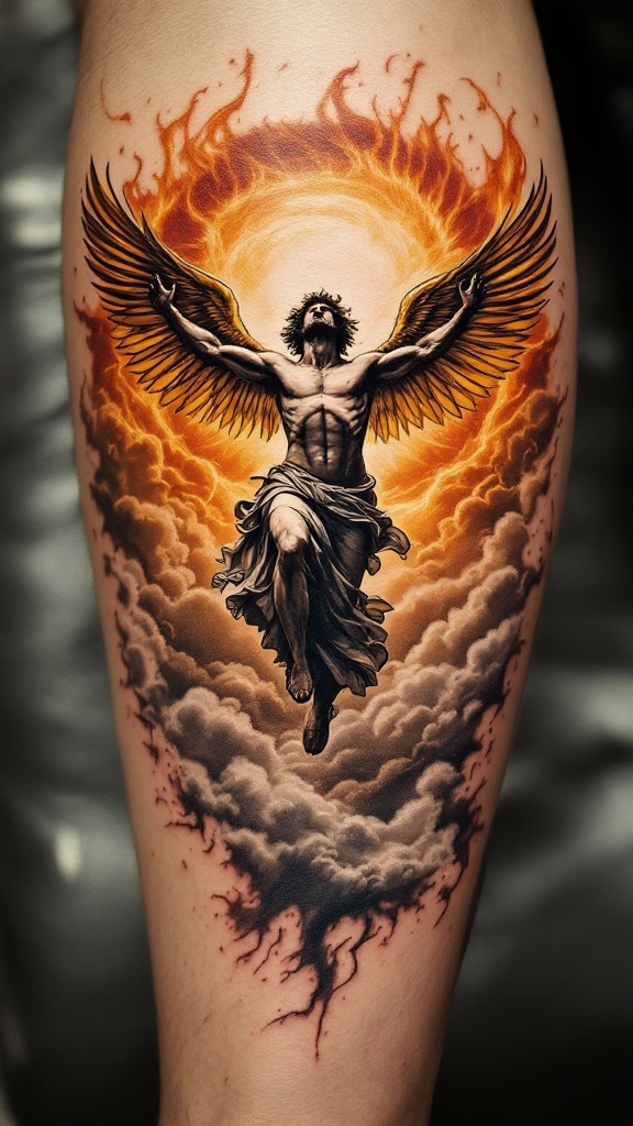 Tattoo of Icarus depicted with wings and flames, symbolizing ambition and caution.