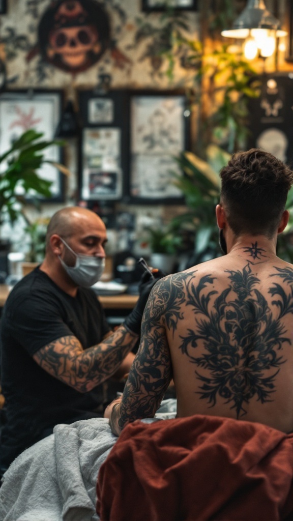 A tattoo artist working on a client's back tattoo in a tattoo studio