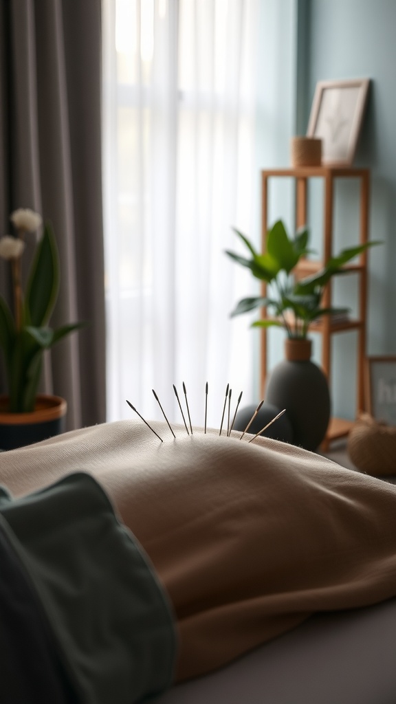 A close-up view of acupuncture needles on a treatment table in a calming room.