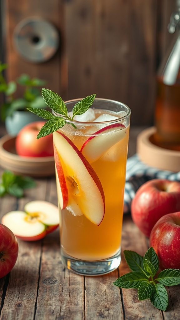 A refreshing glass of apple cider vinegar drink garnished with mint and apple slices, surrounded by fresh apples.