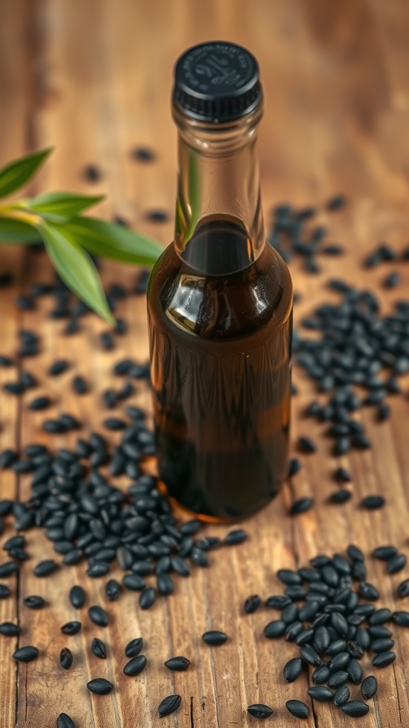 A bottle of black seed oil surrounded by black seeds on a wooden surface.