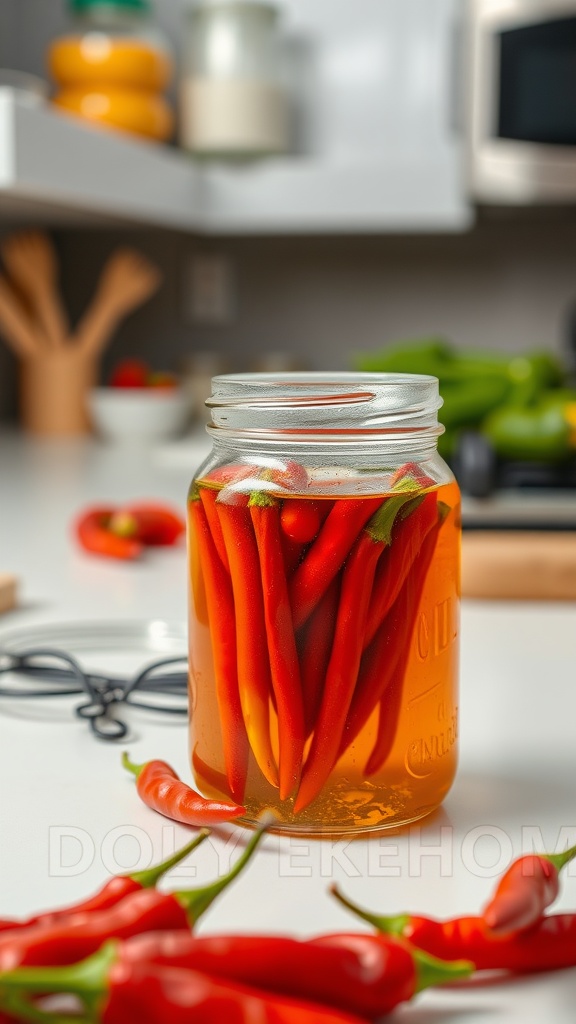 A jar of cayenne pepper infusion with fresh peppers in it, placed on a kitchen counter.