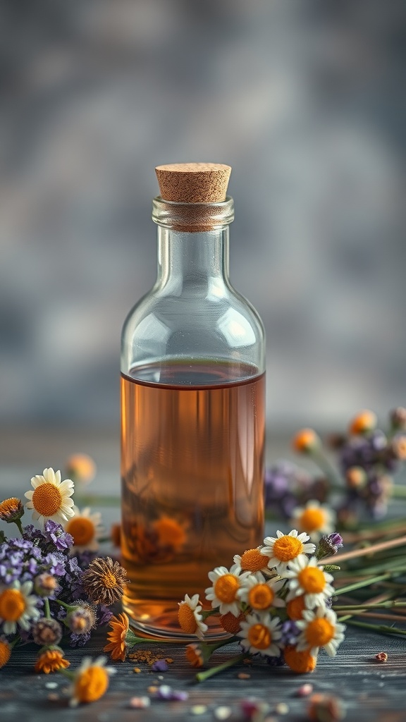 A glass bottle filled with a light amber tincture, surrounded by chamomile and lavender flowers.