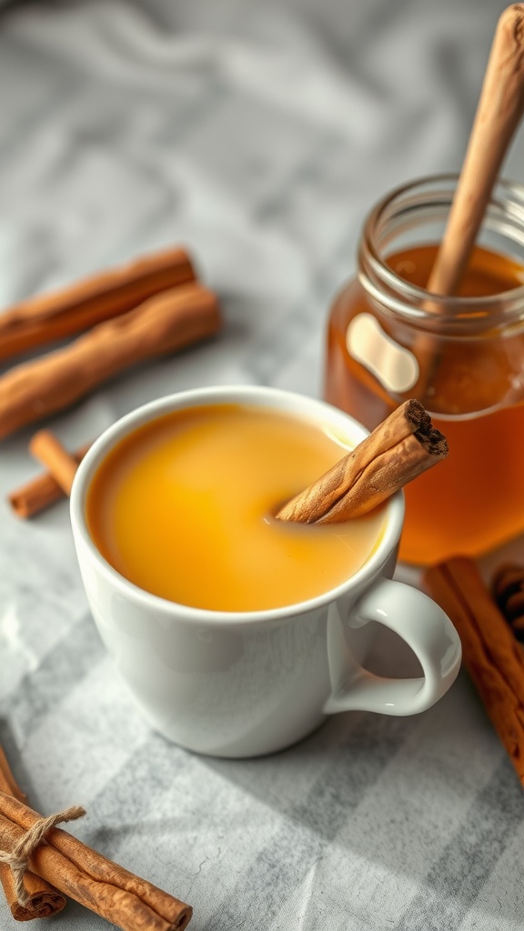 A warm cup of cinnamon and honey drink with cinnamon sticks.