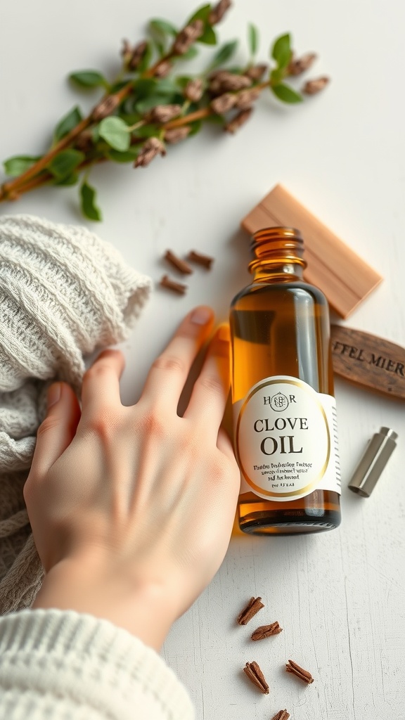 A hand reaching for a bottle of clove oil on a table with some cloves and greenery.