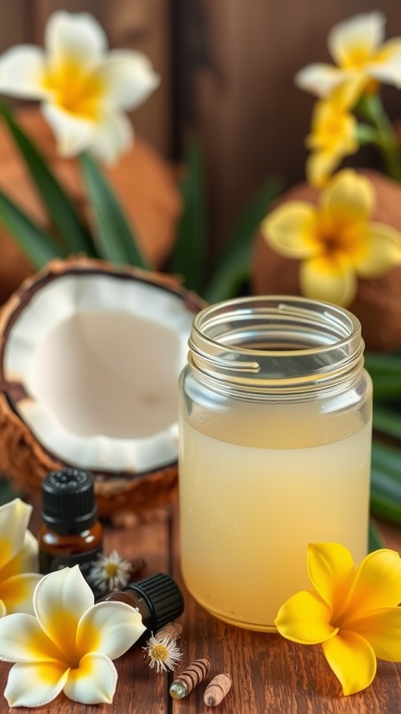 A jar of coconut oil surrounded by coconut shells and essential oil bottles, with tropical flowers in the background.
