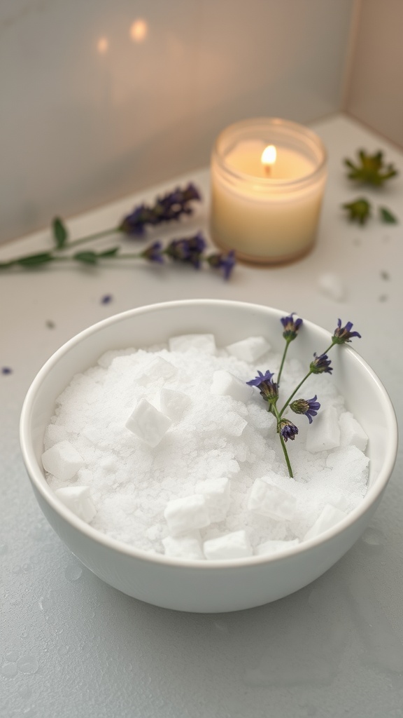 A bowl of Epsom salt with lavender flowers beside a lit candle