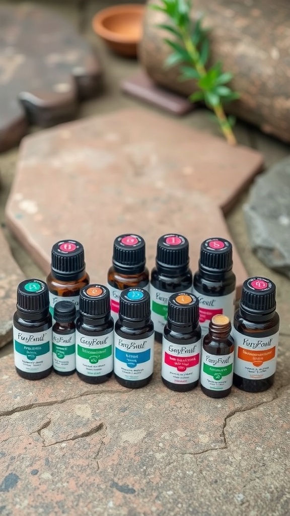 Bottles of essential oils arranged on stone surface.