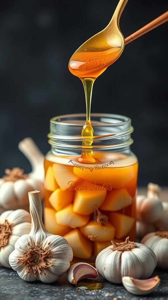 A jar of honey with garlic cloves around it, showcasing a natural remedy for nerve pain.