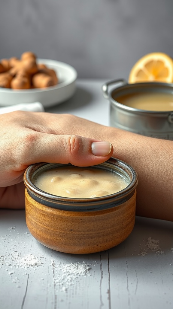 A hand applying a ginger compress with a bowl of ginger and lemon in the background