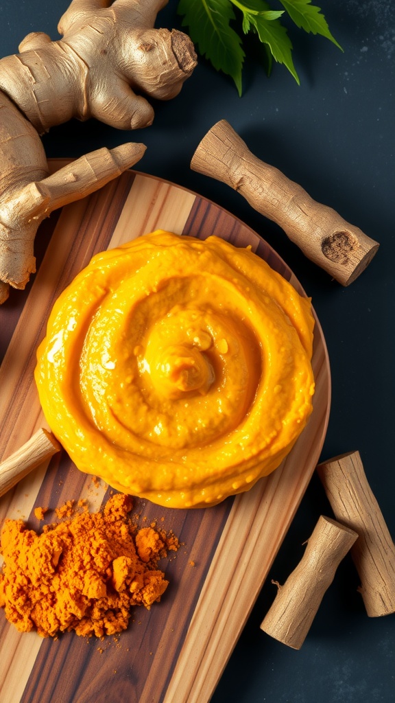 A vibrant orange ginger turmeric paste on a wooden board with fresh ginger roots.
