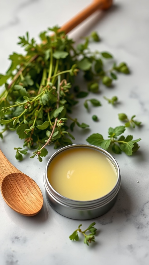 A small tin of herbal balm surrounded by fresh herbs and a wooden spoon.