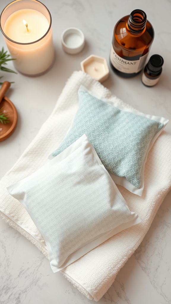A serene setup with two small compress pillows, a candle, and essential oils, suggesting a calming environment for nerve pain relief.