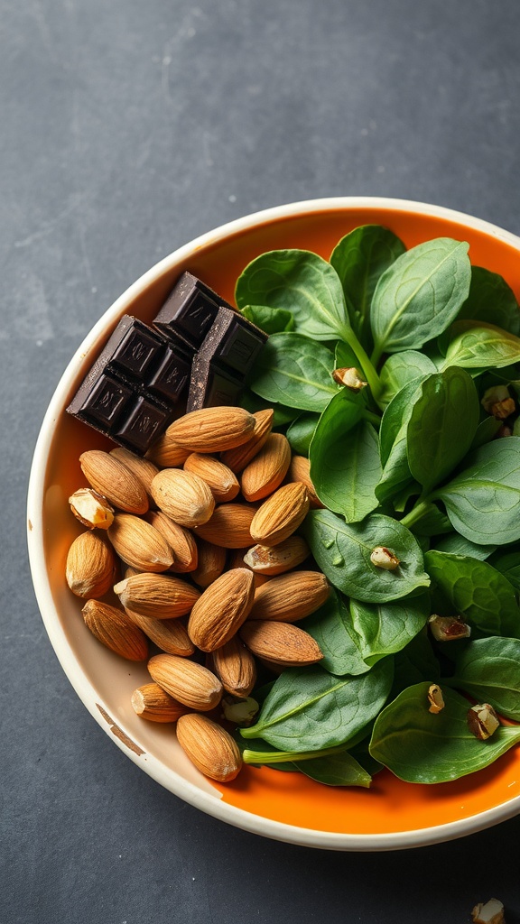 A bowl filled with spinach, almonds, and dark chocolate.
