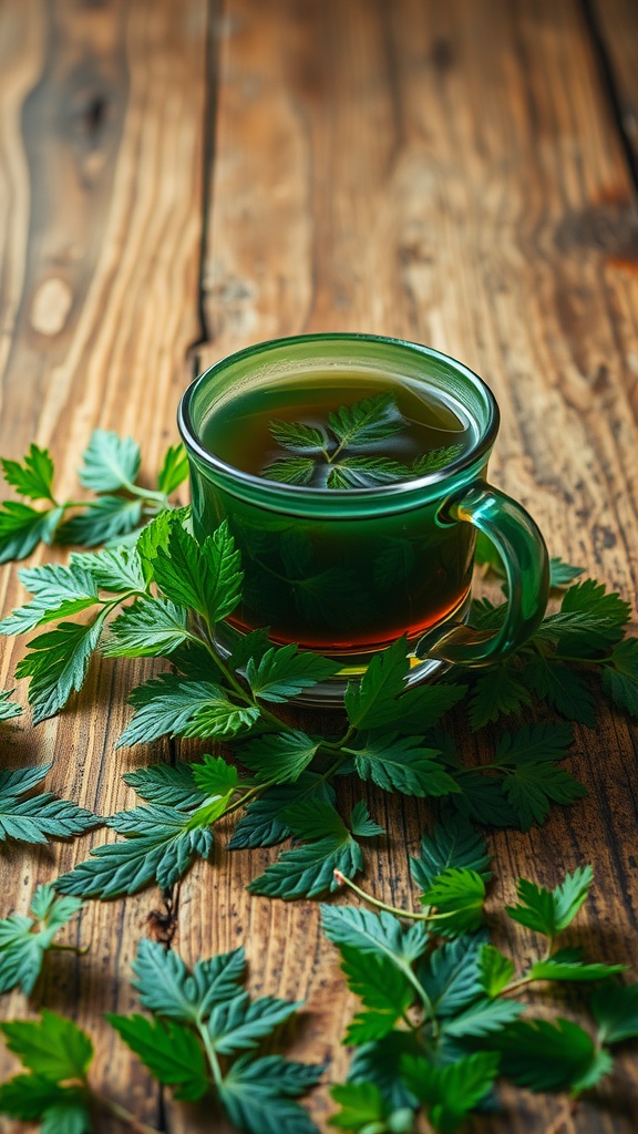 A cup of nettle leaf infusion surrounded by fresh nettle leaves on a wooden surface.