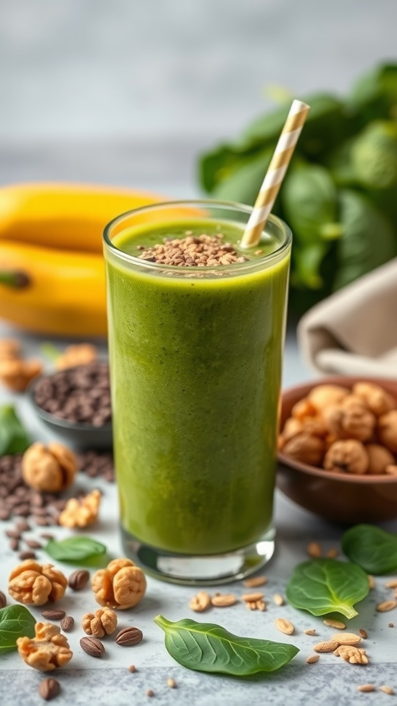 A green omega-3 rich smoothie in a glass, surrounded by bananas, spinach, and nuts.