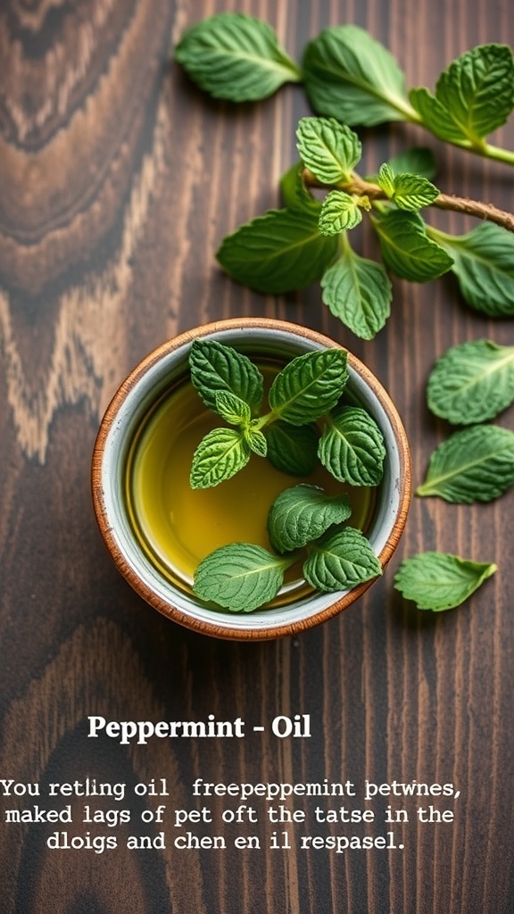 A small bowl of peppermint oil surrounded by fresh peppermint leaves on a wooden surface.