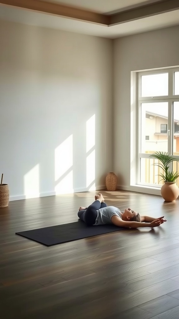 A person practicing a restorative yoga pose on a mat in a calm, sunlit room.