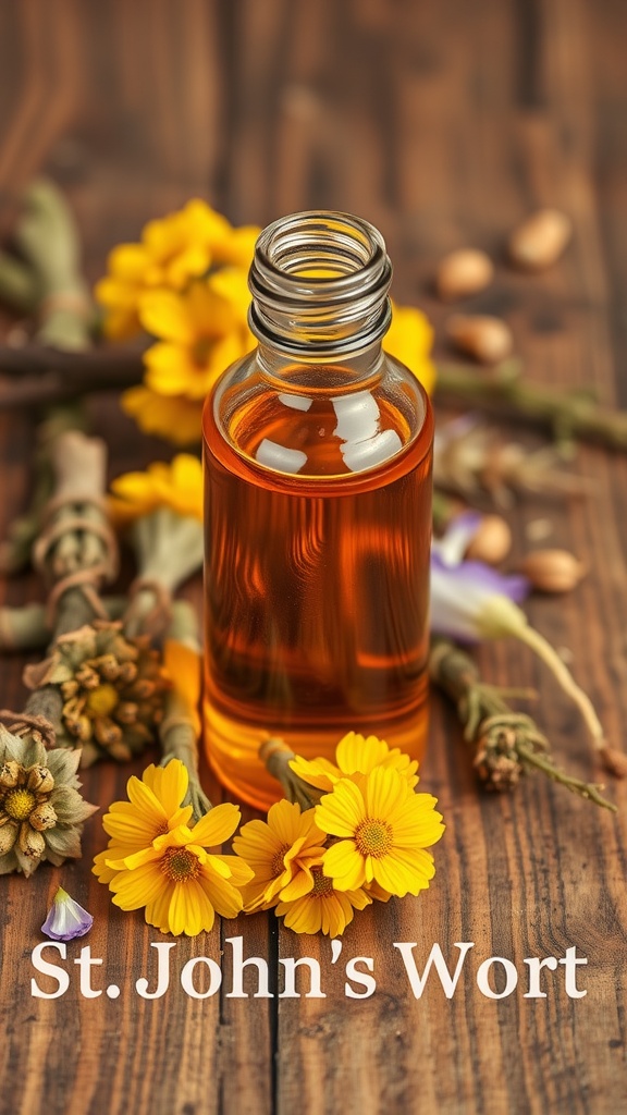 A bottle of St. John's Wort oil surrounded by yellow flowers and natural elements on a wooden surface.