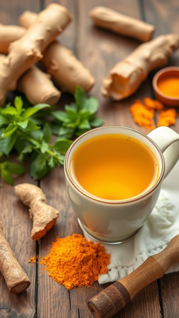A cup of turmeric and ginger tea surrounded by fresh ginger roots and turmeric powder.