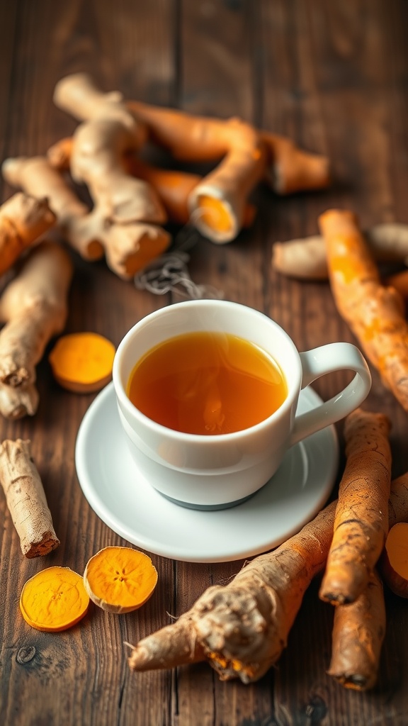 A cup of turmeric and ginger tea surrounded by fresh turmeric roots.