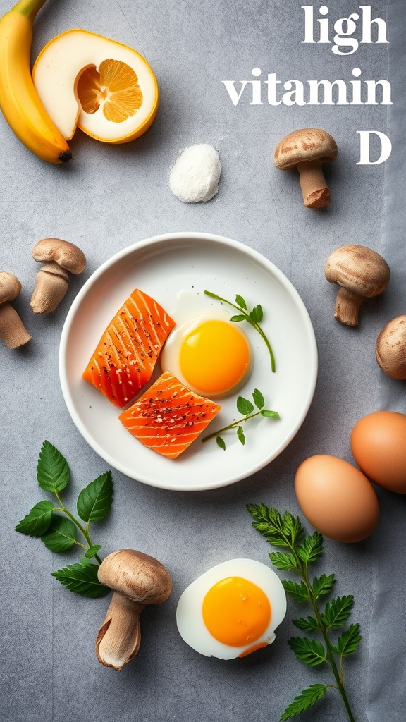 A variety of vitamin D rich foods including salmon, eggs, and mushrooms on a gray background.