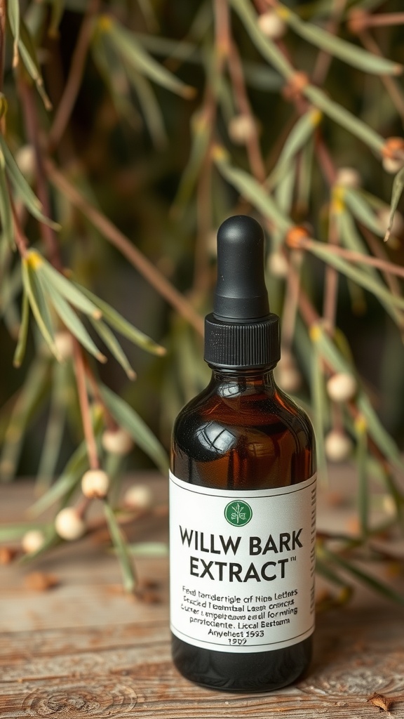 A bottle of willow bark extract on a wooden surface with green leaves in the background.