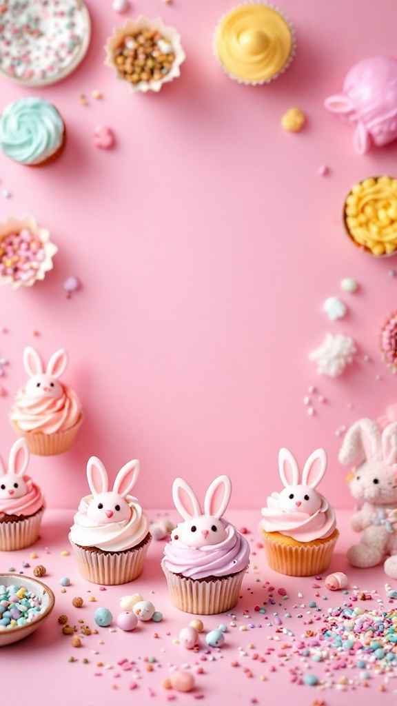 Bunny-themed cupcake decorating station with colorful cupcakes and toppings